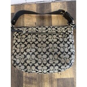 Coach Signature C Canvas Leather Shoulder Bag Hobo Black Gray Purse F13116